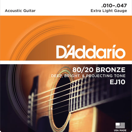 DADDARIO EJ10 AKUSTİK GİTAR TEL SETİ, 10-47, 80/20 BRONZE, EXTRA LIGHT