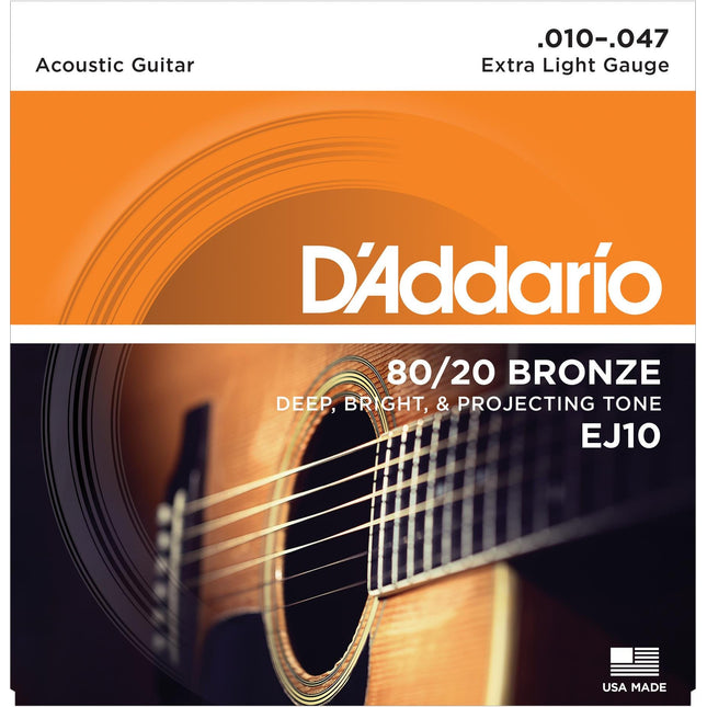 DADDARIO EJ10 AKUSTİK GİTAR TEL SETİ, 10-47, 80/20 BRONZE, EXTRA LIGHT