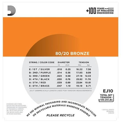 DADDARIO EJ10 AKUSTİK GİTAR TEL SETİ, 10-47, 80/20 BRONZE, EXTRA LIGHT