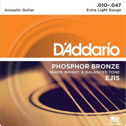 DADDARIO EJ15 AKUSTİK GİTAR TEL SETİ, 10-47, PHOSPHOR BRONZE, EXTRA LIGHT