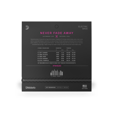 DADDARIO XTB45130 BASS GİTAR TEL SETİ, XT, 45-130, 5 TELLİ, LONG SCALE