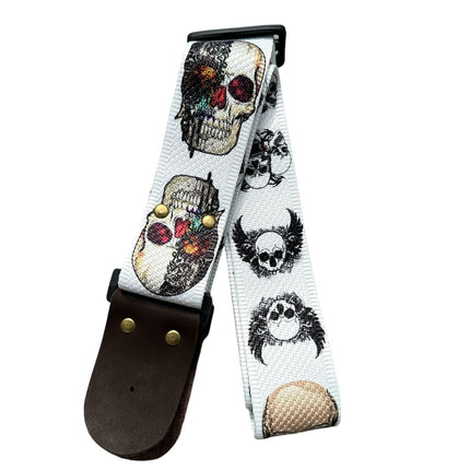 White Background Skull Patterned Design Guitar Strap
