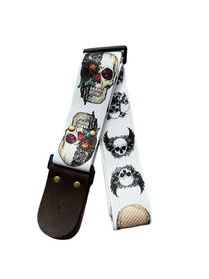 White Background Skull Patterned Design Guitar Strap