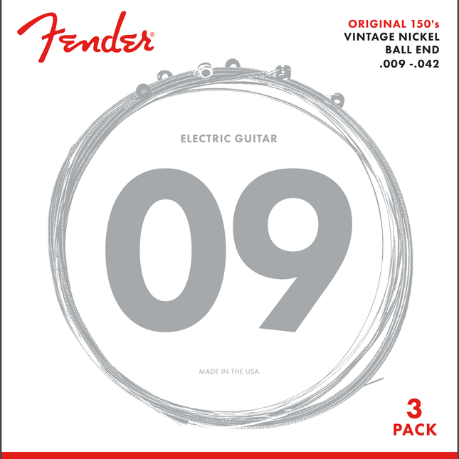 Fender Original 150 Pure Nickel Wound Ball End 150L .009-.042 3 Pack Electric Guitar String