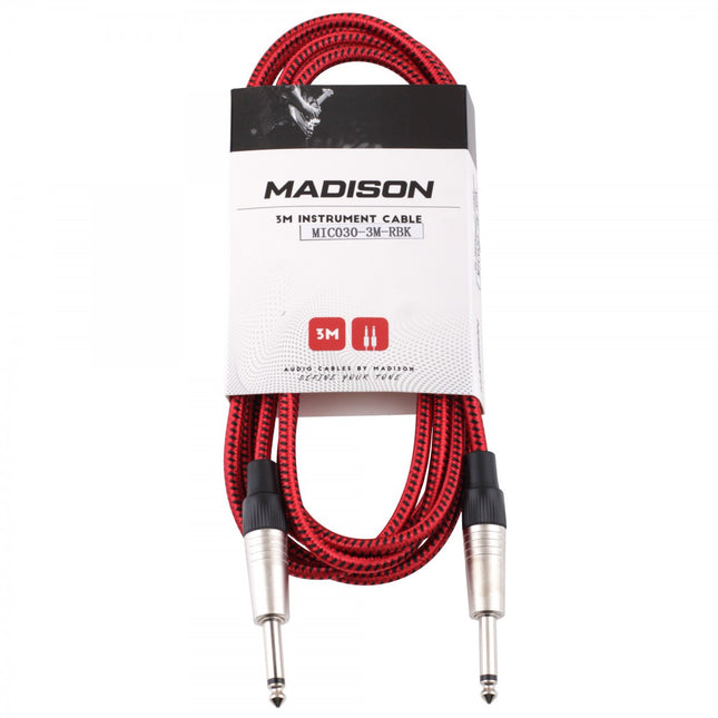 Madison Braided Fabric Guitar Cable 3 Meters - RED BLACK STRIPED 