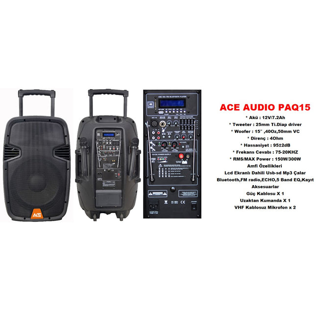 PAQ-15AB 15 Watt Taşınabilir Çift Mikrofonlu Şarjlı Amfi