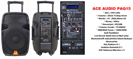 PAQ-15AB 15 Watt Taşınabilir Çift Mikrofonlu Şarjlı Amfi