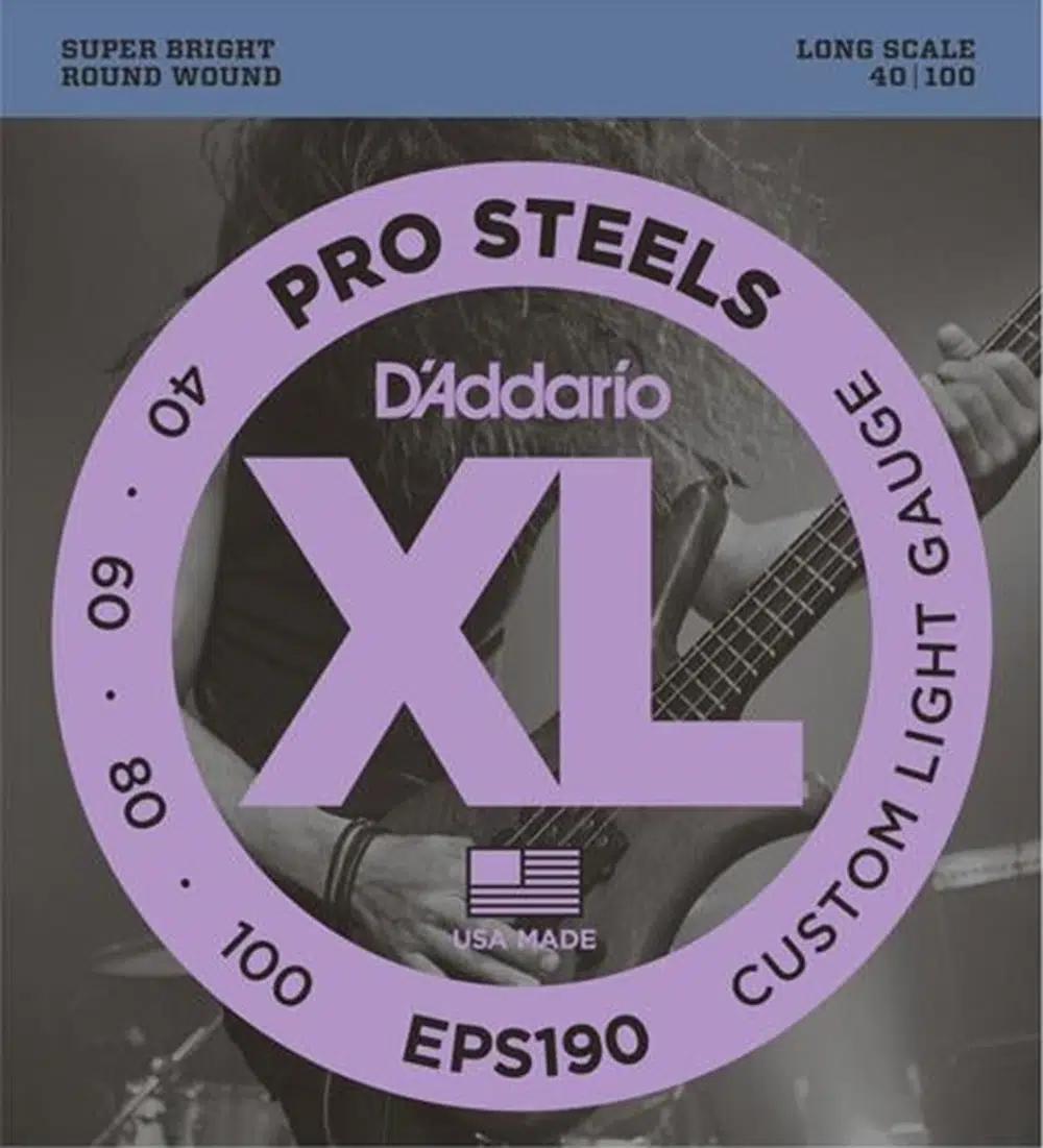 D'Addario EPS190 XL ProSteels 4 Telli Bas Gitar Tel Seti (Takım Tel) | 40-100 Kalınlık, Long Scale (Uzun Skala), Çelik Sarım