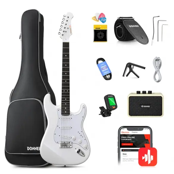 Donner DST Seeker Deluxe Amfili Elektro Gitar Seti (Beyaz)