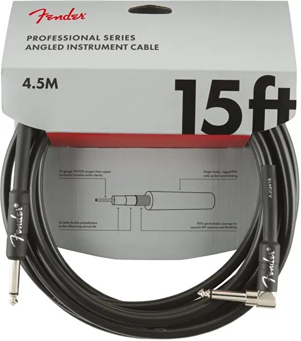 Fender 0990820059 Professional Enstrüman Kablosu (4.5m - Siyah Açılı) | Bir Ucu L Tipi Jak Gitar Girişinde Konfor Sağlayan Siyah Kablo