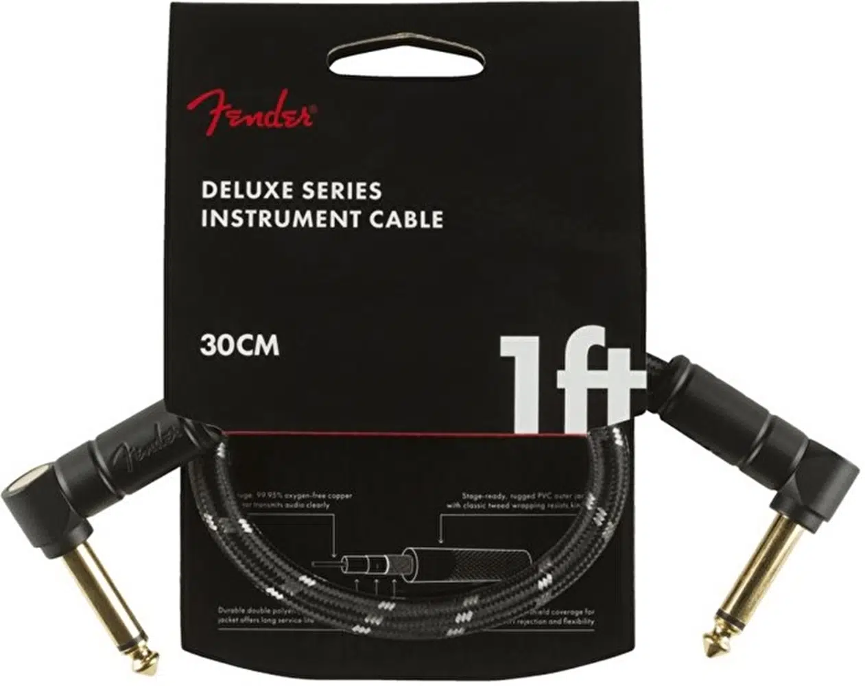 Fender 0990820095 Deluxe L/L Uçlu Siyah Tweed Patch Kablosu (30cm) | Orta Boy Pedal Bağlantıları İçin İki Ucu Açılı Siyah Kablo