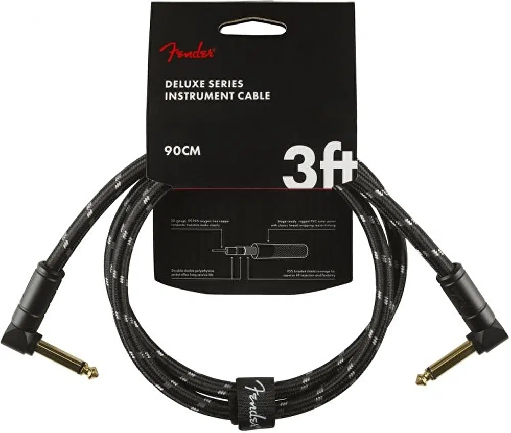 FENDER 0990820096 Deluxe L/L Uçlu Yama Kablosu (90cm) | Siyah Tweed Örgü Kaplama, Çift Dik Açılı Konnektör, Pedalboard Yer Tasarrufu Sağlar