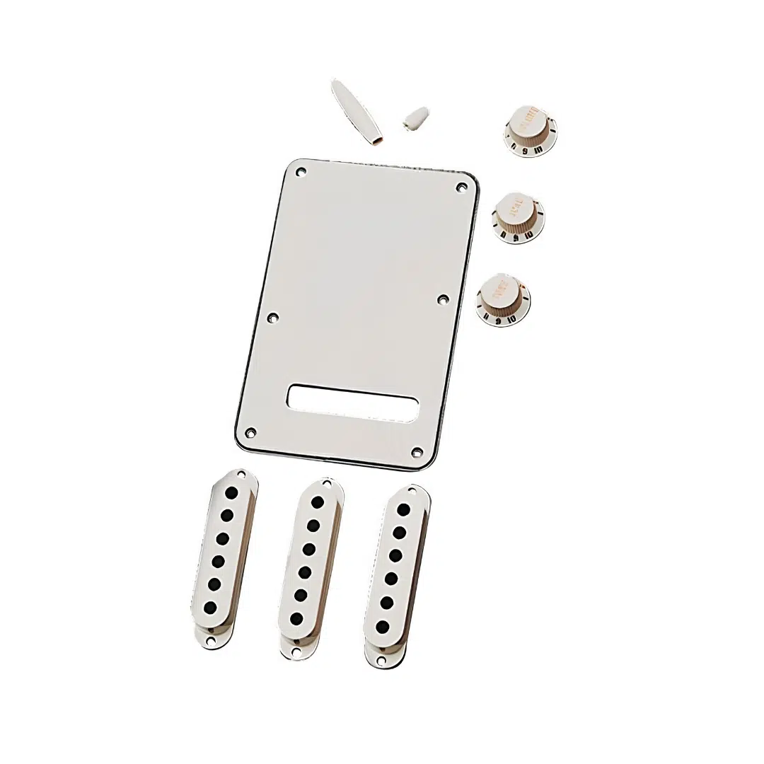 Fender 0991395000 Stratocaster Manyetik Kapağı ve Düğme Seti (Parchment) | Parşömen Rengi Hafif Eskitilmiş Görünüm Tam Set Aksesuar