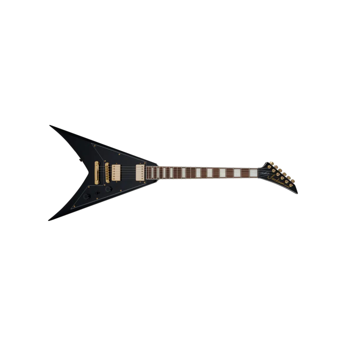 Jackson 2916413503 Scott Ian King V KVXT Elektro Gitar (Gloss Black) | Anthrax Efsanesi İmzalı Siyah Gövde ve Altın Donanım