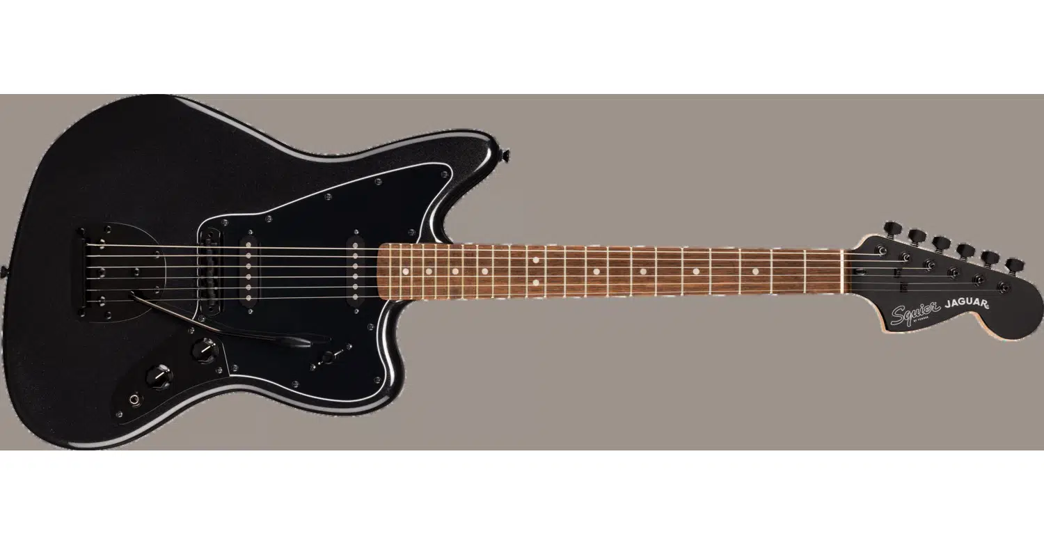 Squier 0378401965 Limited Edition Affinity Jaguar Black PG Black Hardware Match Headstock Metallic Black Elektro Gitar | Jaguar Gövde, Siyah, Metalik